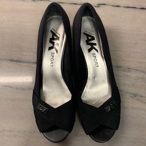 Black cloth open toe wedge. Excellent condition.